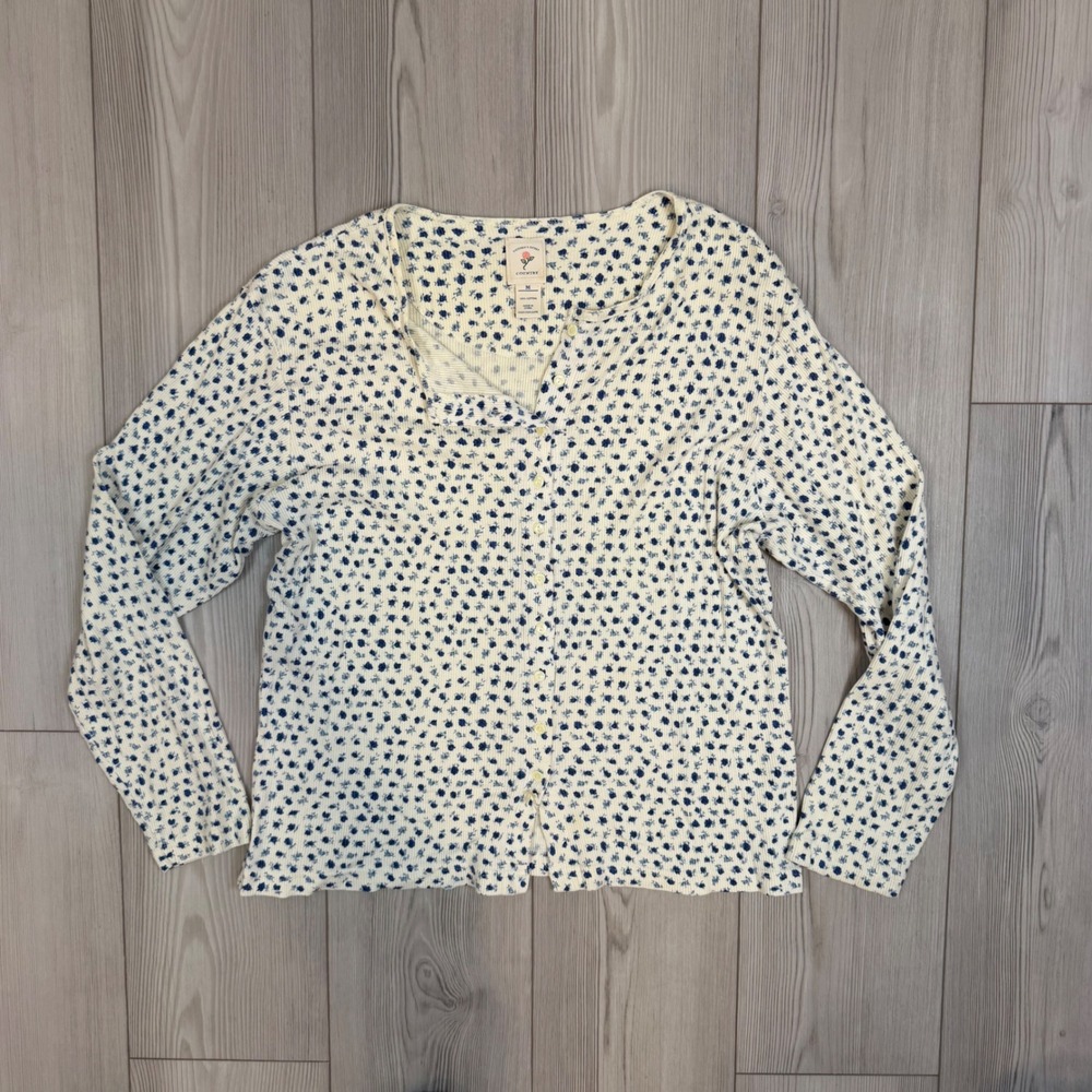 VTG Victorias Secret Country Ribbed Cotton Cardigan Blue Floral Ditsy Top Medium